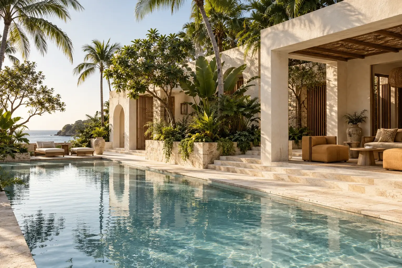 Concept image of a sunlit boutique hotel courtyard with palms, limestone terraces, and a tranquil pool